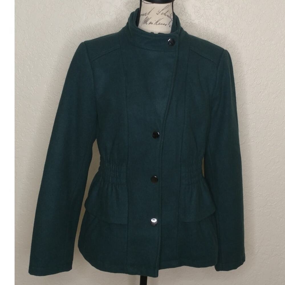 New York & Company Wool Blend Coat with Ruffle Detail Green Size M
